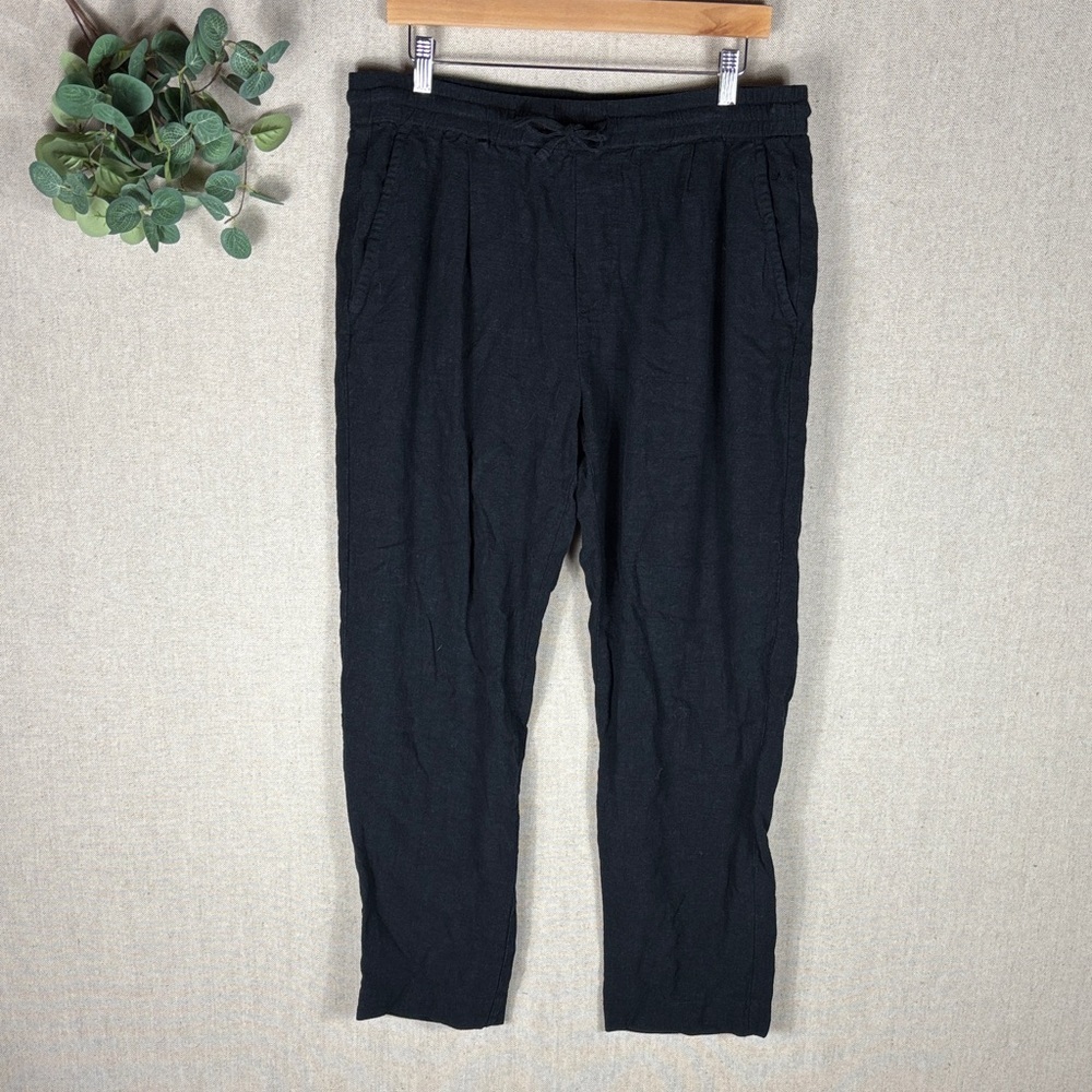 Porter & Ash > Black Linen Drawstring Wide Leg Pants Extra Large